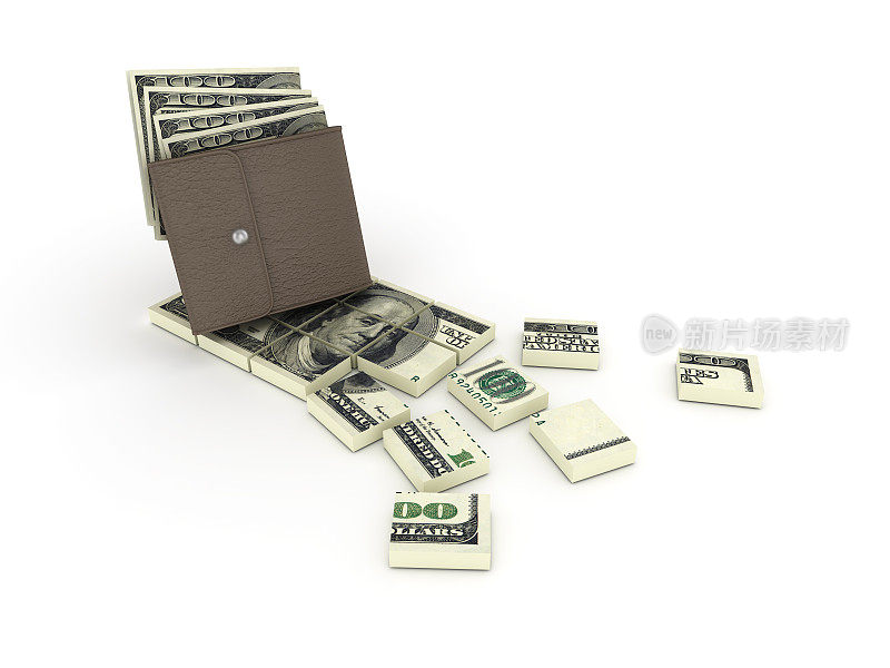 钱包与美元钞票- 3D渲染